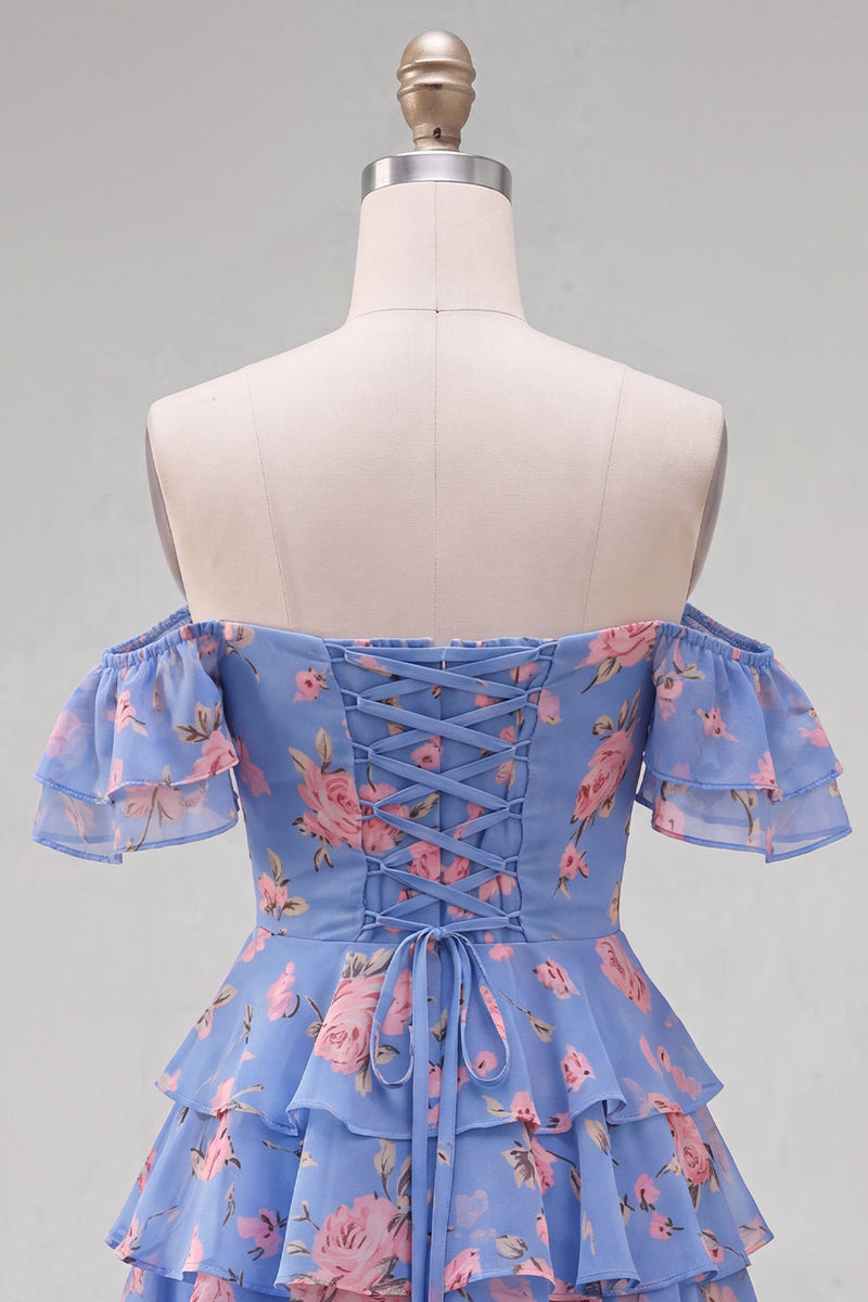 Laden Sie das Bild in den Galerie-Viewer, Off-the-shoulder Blaues A-Linie Floral Kurzes Abendkleid mit Schnürung