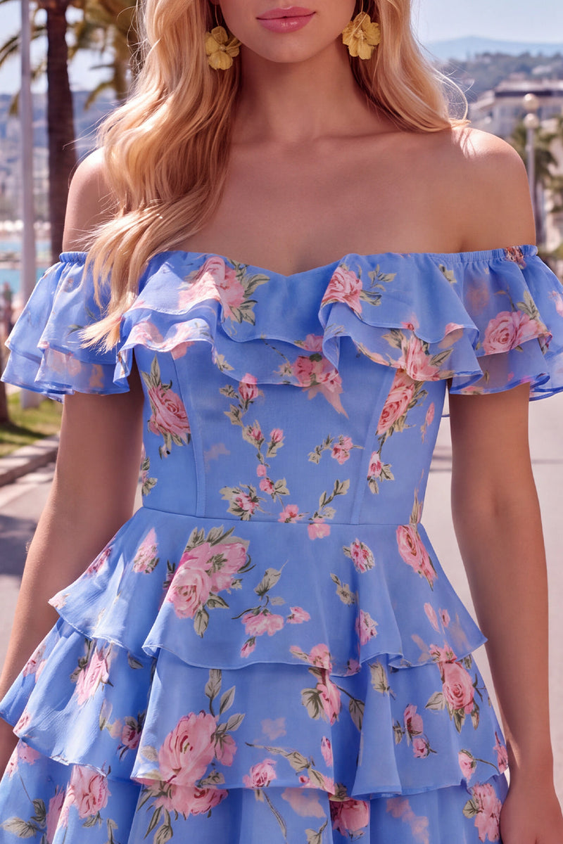 Laden Sie das Bild in den Galerie-Viewer, Off-the-shoulder Blaues A-Linie Floral Kurzes Abendkleid mit Schnürung