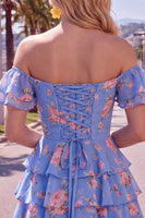 Laden Sie das Bild in den Galerie-Viewer, Off-the-shoulder Blaues A-Linie Floral Kurzes Abendkleid mit Schnürung