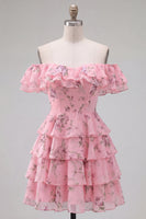 Laden Sie das Bild in den Galerie-Viewer, Off-the-shoulder Blaues A-Linie Floral Kurzes Abendkleid mit Schnürung