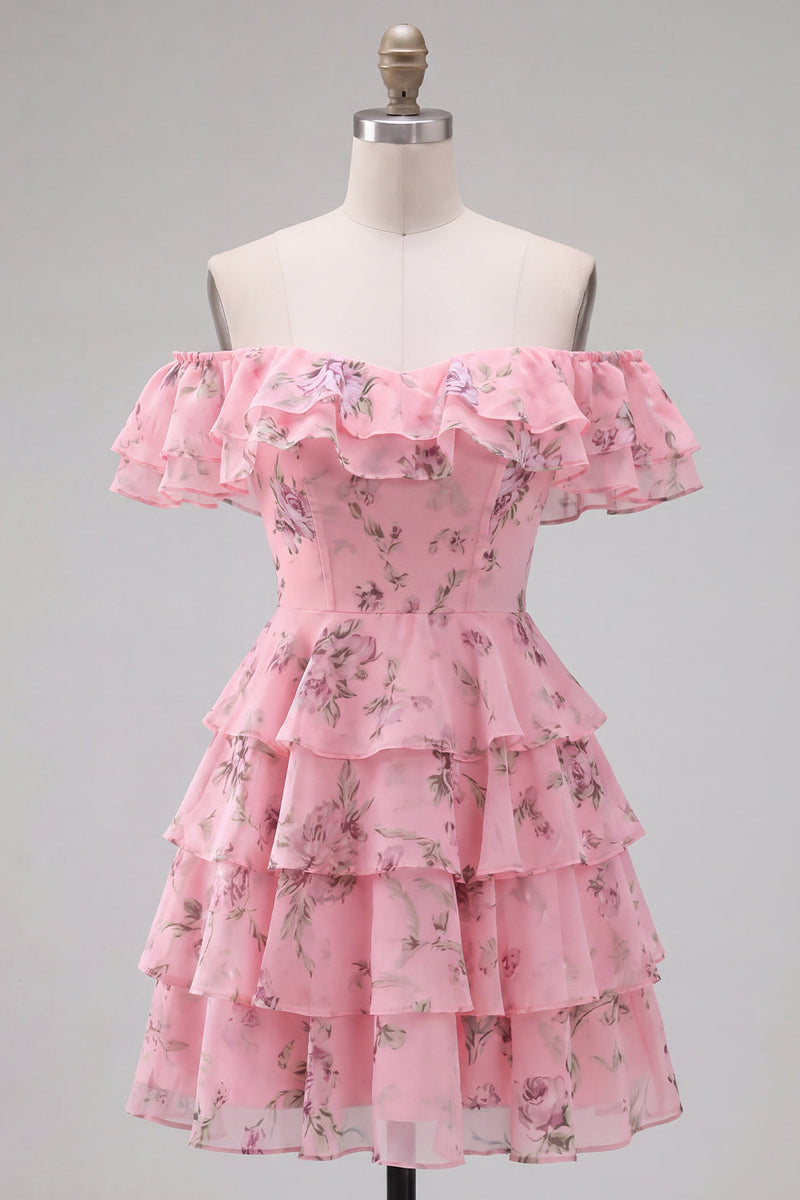 Laden Sie das Bild in den Galerie-Viewer, Off-the-shoulder Blaues A-Linie Floral Kurzes Abendkleid mit Schnürung