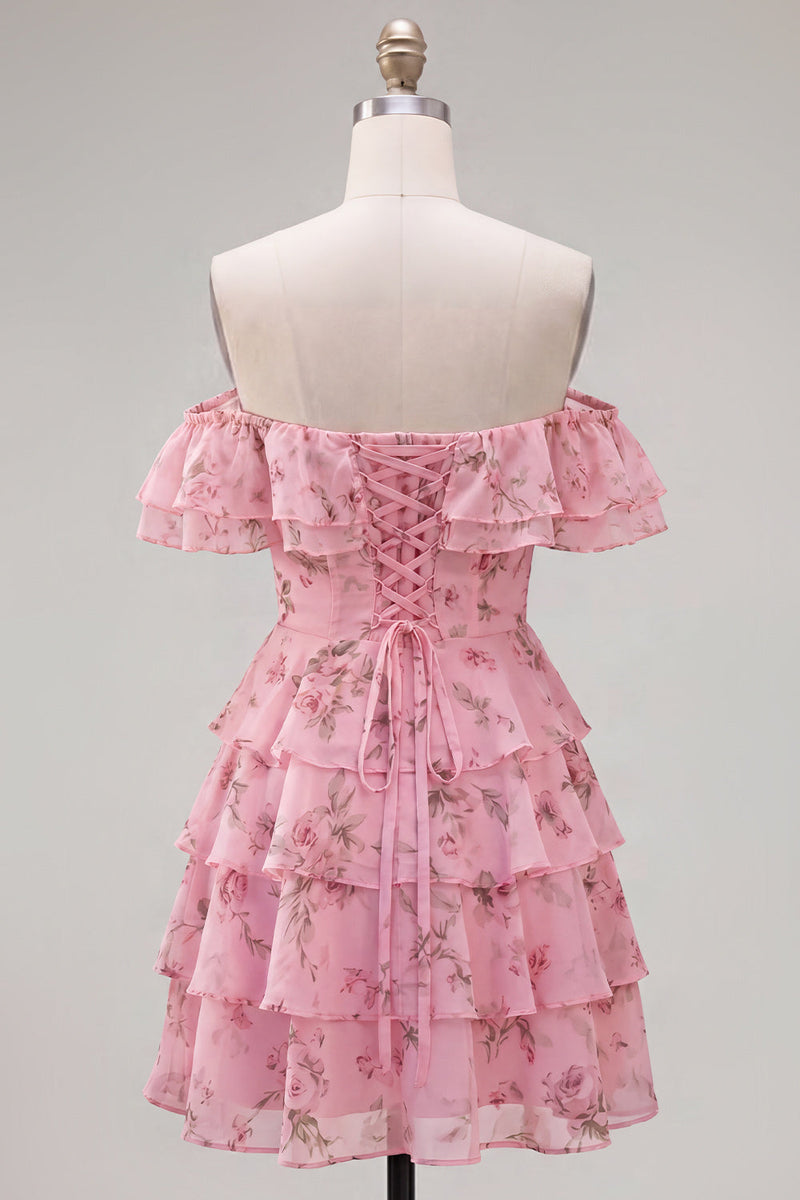 Laden Sie das Bild in den Galerie-Viewer, Off-the-shoulder Blaues A-Linie Floral Kurzes Abendkleid mit Schnürung