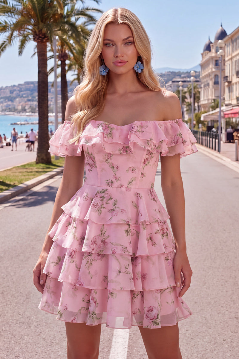 Laden Sie das Bild in den Galerie-Viewer, Off-the-shoulder Blaues A-Linie Floral Kurzes Abendkleid mit Schnürung