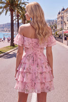 Laden Sie das Bild in den Galerie-Viewer, Off-the-shoulder Blaues A-Linie Floral Kurzes Abendkleid mit Schnürung