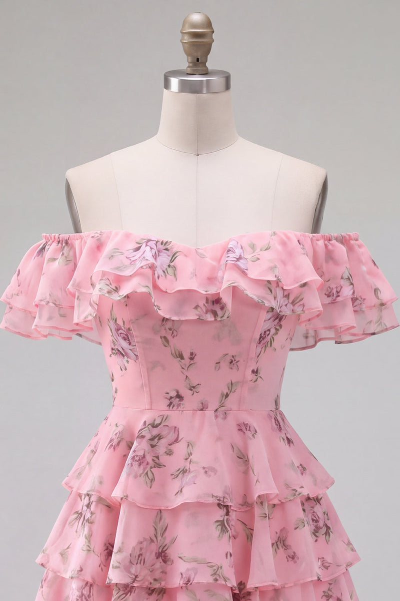 Laden Sie das Bild in den Galerie-Viewer, Off-the-shoulder Blaues A-Linie Floral Kurzes Abendkleid mit Schnürung