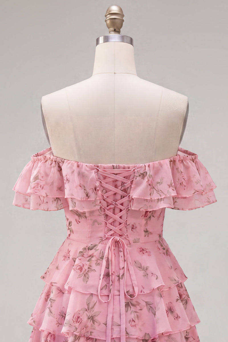 Laden Sie das Bild in den Galerie-Viewer, Off-the-shoulder Blaues A-Linie Floral Kurzes Abendkleid mit Schnürung
