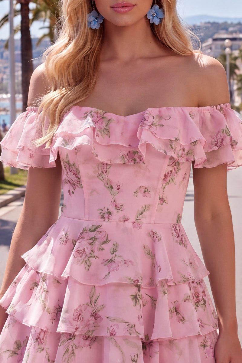 Laden Sie das Bild in den Galerie-Viewer, Off-the-shoulder Blaues A-Linie Floral Kurzes Abendkleid mit Schnürung