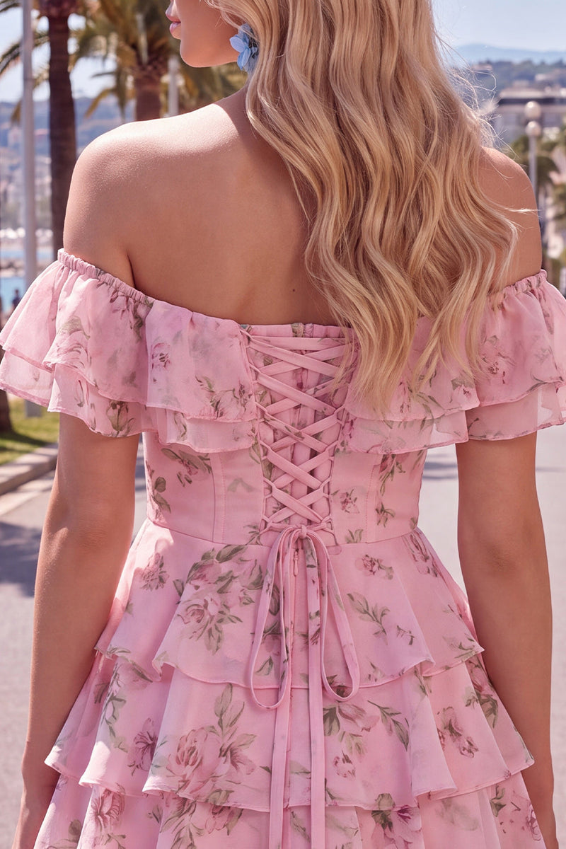 Laden Sie das Bild in den Galerie-Viewer, Off-the-shoulder Blaues A-Linie Floral Kurzes Abendkleid mit Schnürung