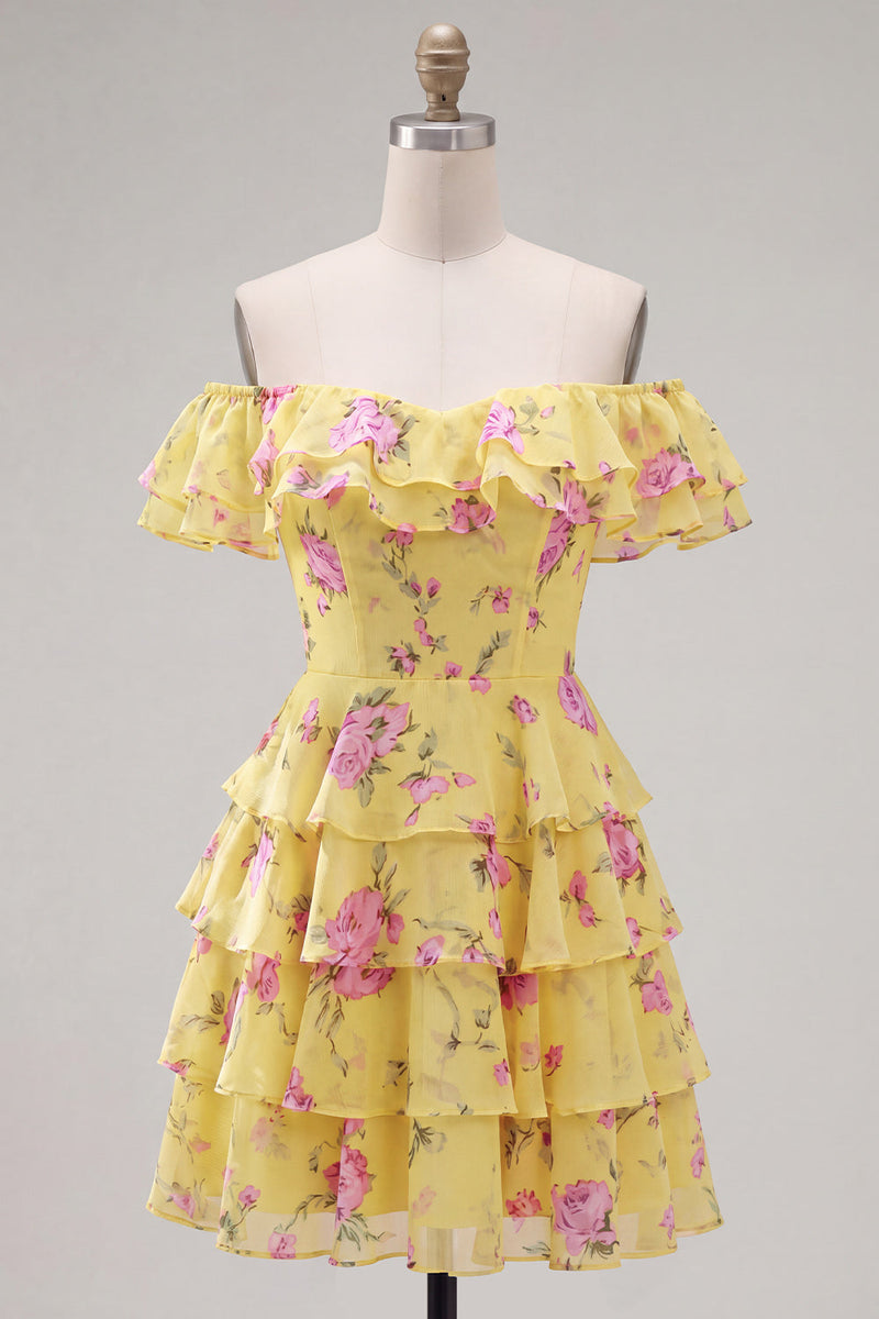 Laden Sie das Bild in den Galerie-Viewer, Off-the-shoulder Blaues A-Linie Floral Kurzes Abendkleid mit Schnürung