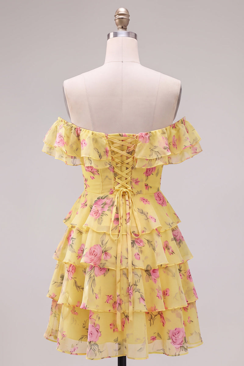 Laden Sie das Bild in den Galerie-Viewer, Off-the-shoulder Blaues A-Linie Floral Kurzes Abendkleid mit Schnürung