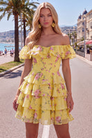 Laden Sie das Bild in den Galerie-Viewer, Off-the-shoulder Blaues A-Linie Floral Kurzes Abendkleid mit Schnürung