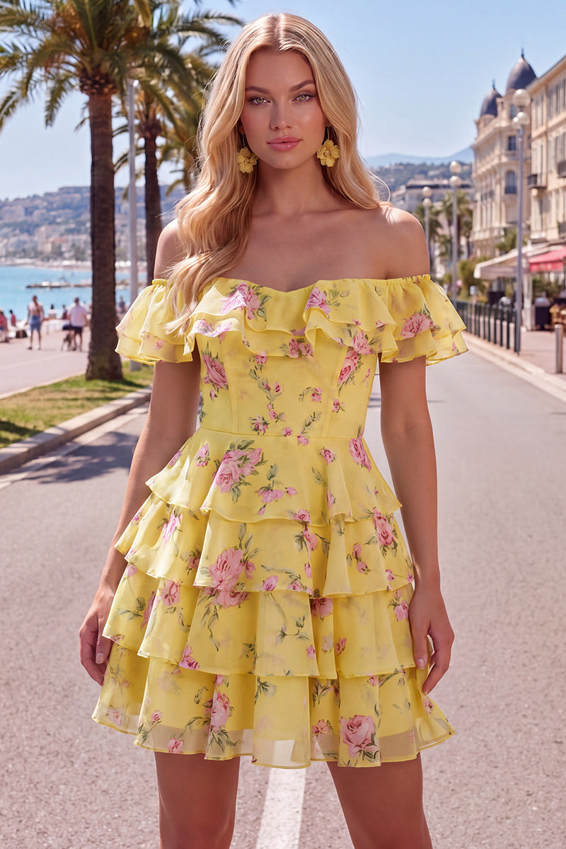 Laden Sie das Bild in den Galerie-Viewer, Off-the-shoulder Blaues A-Linie Floral Kurzes Abendkleid mit Schnürung