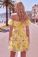 Laden Sie das Bild in den Galerie-Viewer, Off-the-shoulder Blaues A-Linie Floral Kurzes Abendkleid mit Schnürung