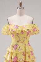 Laden Sie das Bild in den Galerie-Viewer, Off-the-shoulder Blaues A-Linie Floral Kurzes Abendkleid mit Schnürung