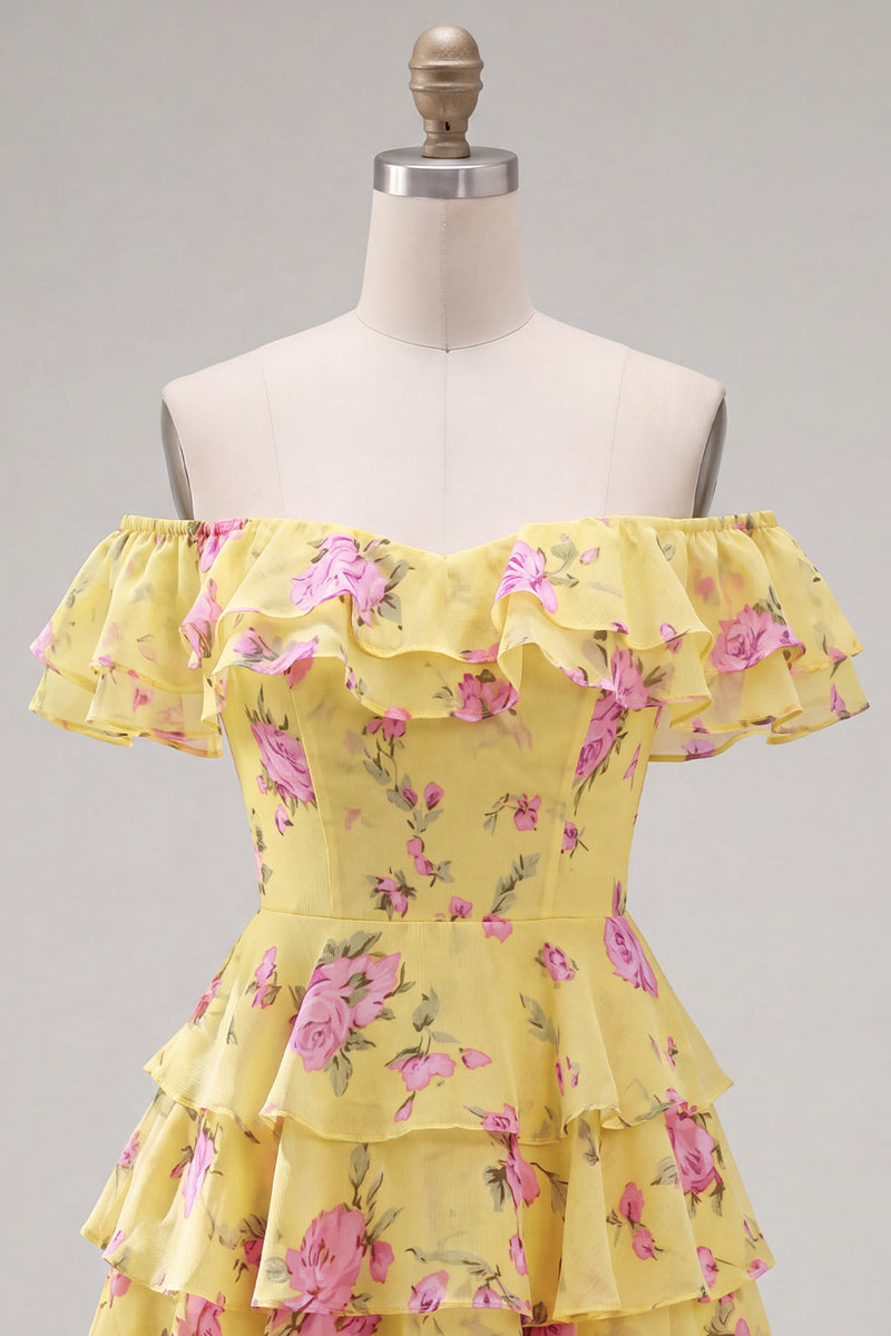 Laden Sie das Bild in den Galerie-Viewer, Off-the-shoulder Blaues A-Linie Floral Kurzes Abendkleid mit Schnürung