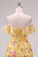 Laden Sie das Bild in den Galerie-Viewer, Off-the-shoulder Blaues A-Linie Floral Kurzes Abendkleid mit Schnürung