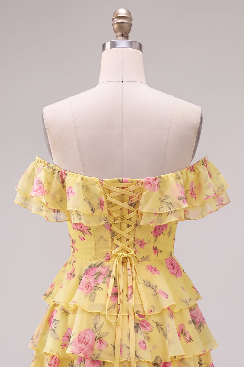 Laden Sie das Bild in den Galerie-Viewer, Off-the-shoulder Blaues A-Linie Floral Kurzes Abendkleid mit Schnürung