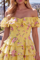 Laden Sie das Bild in den Galerie-Viewer, Off-the-shoulder Blaues A-Linie Floral Kurzes Abendkleid mit Schnürung