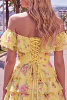 Laden Sie das Bild in den Galerie-Viewer, Off-the-shoulder Blaues A-Linie Floral Kurzes Abendkleid mit Schnürung
