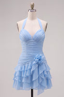 Laden Sie das Bild in den Galerie-Viewer, Blauer Neckholder Bodycon Gestuftes Gerafftes Kurzes Abendkleid mit 3D-Blume