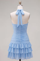 Laden Sie das Bild in den Galerie-Viewer, Blauer Neckholder Bodycon Gestuftes Gerafftes Kurzes Abendkleid mit 3D-Blume
