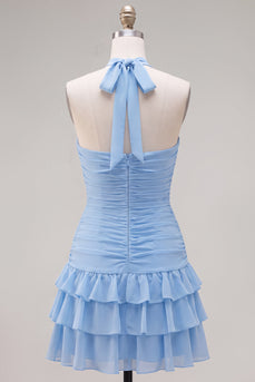 Blauer Neckholder Bodycon Gestuftes Gerafftes Kurzes Abendkleid mit 3D-Blume