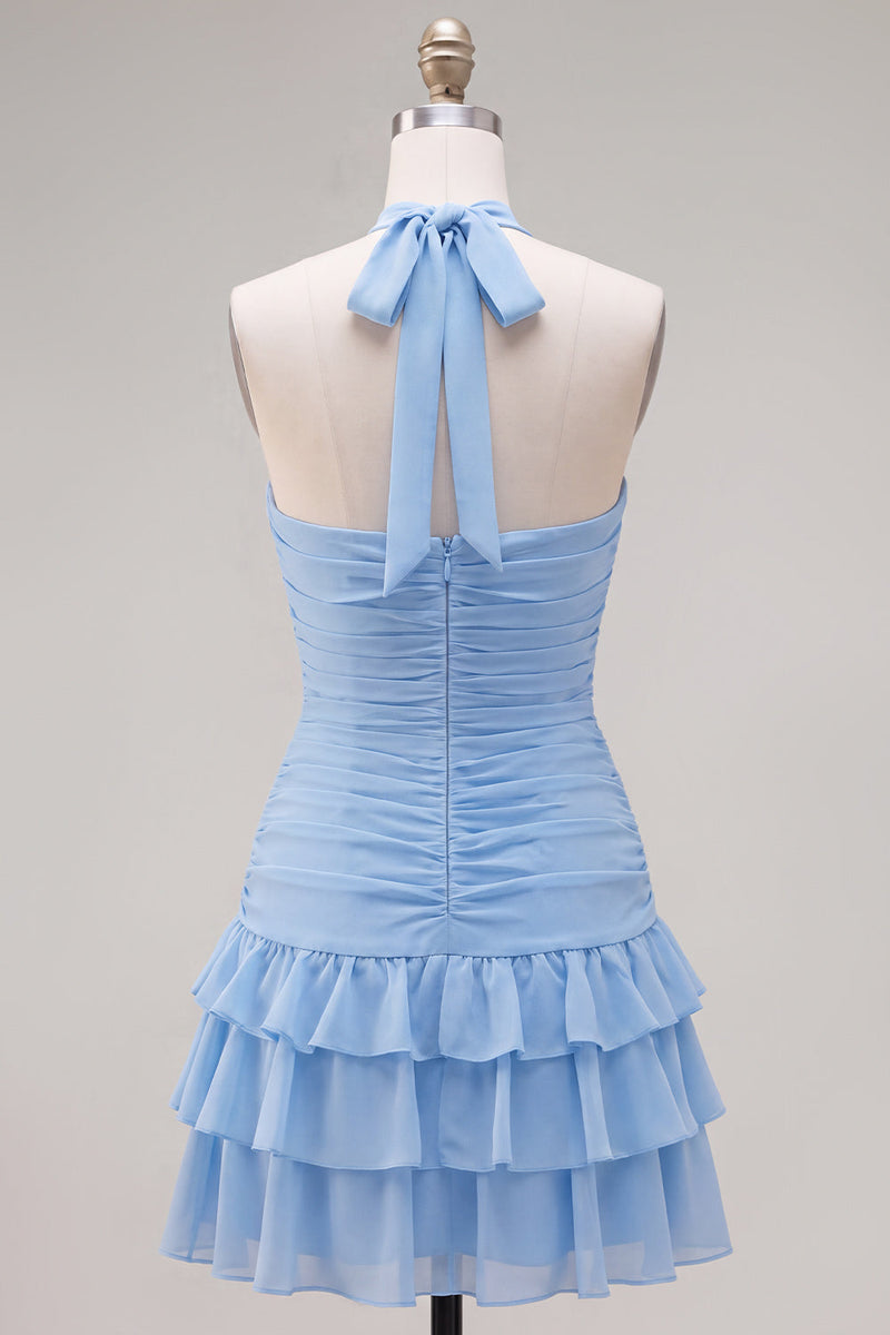 Laden Sie das Bild in den Galerie-Viewer, Blauer Neckholder Bodycon Gestuftes Gerafftes Kurzes Abendkleid mit 3D-Blume