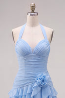 Laden Sie das Bild in den Galerie-Viewer, Blauer Neckholder Bodycon Gestuftes Gerafftes Kurzes Abendkleid mit 3D-Blume