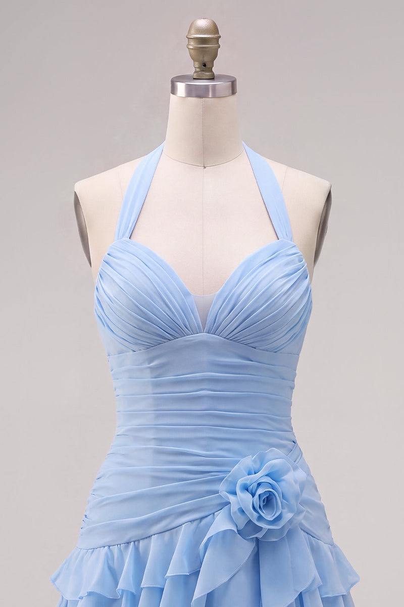 Laden Sie das Bild in den Galerie-Viewer, Blauer Neckholder Bodycon Gestuftes Gerafftes Kurzes Abendkleid mit 3D-Blume