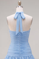 Laden Sie das Bild in den Galerie-Viewer, Blauer Neckholder Bodycon Gestuftes Gerafftes Kurzes Abendkleid mit 3D-Blume