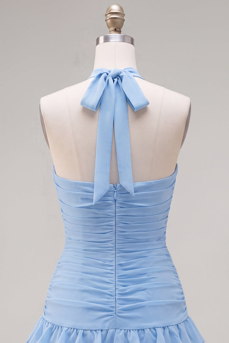 Laden Sie das Bild in den Galerie-Viewer, Blauer Neckholder Bodycon Gestuftes Gerafftes Kurzes Abendkleid mit 3D-Blume