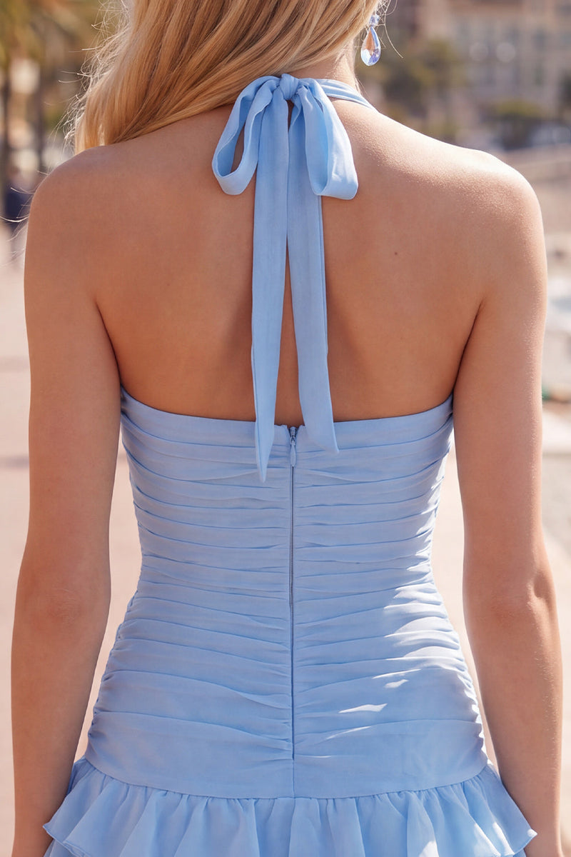 Laden Sie das Bild in den Galerie-Viewer, Blauer Neckholder Bodycon Gestuftes Gerafftes Kurzes Abendkleid mit 3D-Blume