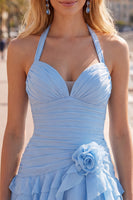 Laden Sie das Bild in den Galerie-Viewer, Blauer Neckholder Bodycon Gestuftes Gerafftes Kurzes Abendkleid mit 3D-Blume