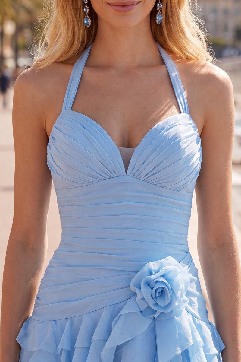 Laden Sie das Bild in den Galerie-Viewer, Blauer Neckholder Bodycon Gestuftes Gerafftes Kurzes Abendkleid mit 3D-Blume