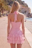 Laden Sie das Bild in den Galerie-Viewer, Blauer Neckholder Bodycon Gestuftes Gerafftes Kurzes Abendkleid mit 3D-Blume
