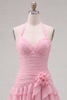 Laden Sie das Bild in den Galerie-Viewer, Blauer Neckholder Bodycon Gestuftes Gerafftes Kurzes Abendkleid mit 3D-Blume