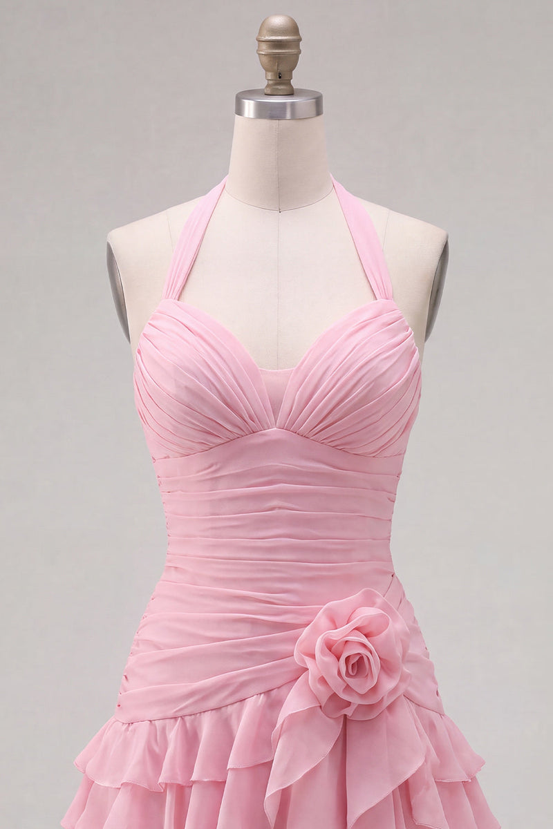 Laden Sie das Bild in den Galerie-Viewer, Blauer Neckholder Bodycon Gestuftes Gerafftes Kurzes Abendkleid mit 3D-Blume