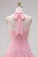Laden Sie das Bild in den Galerie-Viewer, Blauer Neckholder Bodycon Gestuftes Gerafftes Kurzes Abendkleid mit 3D-Blume