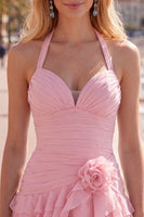 Laden Sie das Bild in den Galerie-Viewer, Blauer Neckholder Bodycon Gestuftes Gerafftes Kurzes Abendkleid mit 3D-Blume