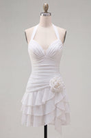 Laden Sie das Bild in den Galerie-Viewer, Blauer Neckholder Bodycon Gestuftes Gerafftes Kurzes Abendkleid mit 3D-Blume