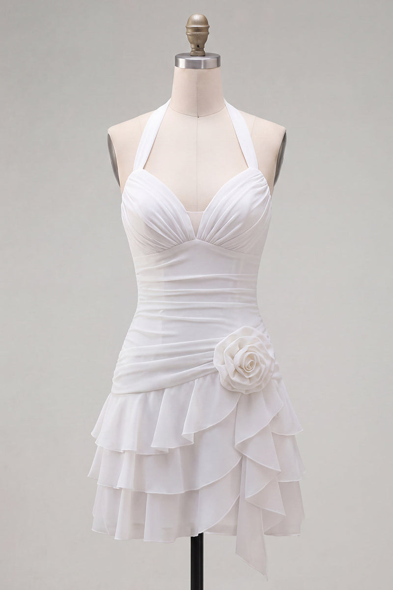 Laden Sie das Bild in den Galerie-Viewer, Blauer Neckholder Bodycon Gestuftes Gerafftes Kurzes Abendkleid mit 3D-Blume