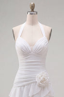 Laden Sie das Bild in den Galerie-Viewer, Blauer Neckholder Bodycon Gestuftes Gerafftes Kurzes Abendkleid mit 3D-Blume