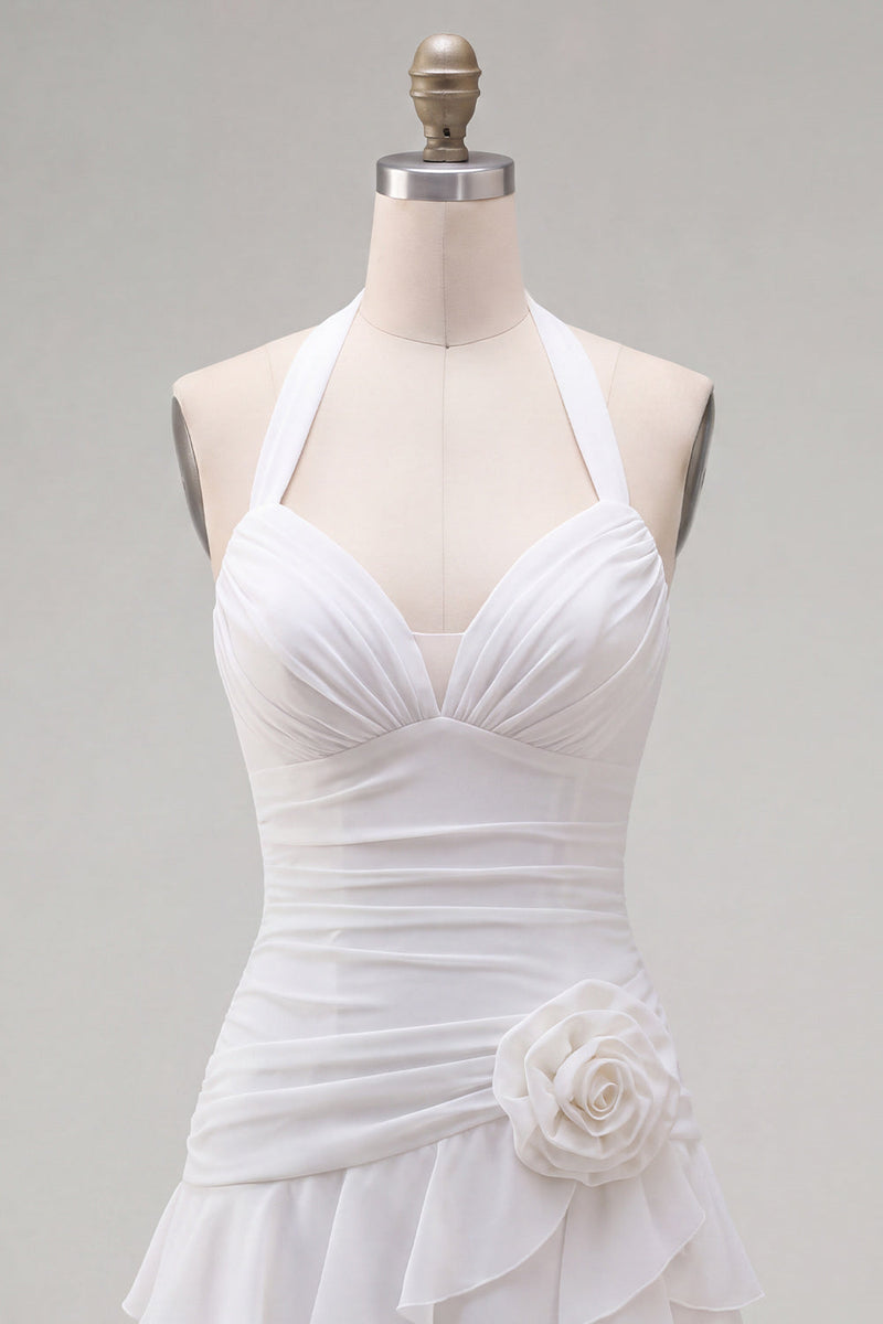 Laden Sie das Bild in den Galerie-Viewer, Blauer Neckholder Bodycon Gestuftes Gerafftes Kurzes Abendkleid mit 3D-Blume