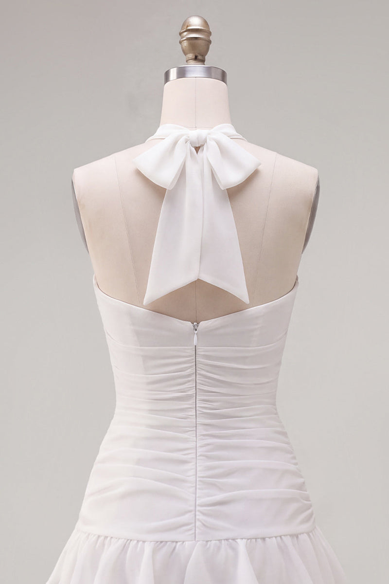 Laden Sie das Bild in den Galerie-Viewer, Blauer Neckholder Bodycon Gestuftes Gerafftes Kurzes Abendkleid mit 3D-Blume
