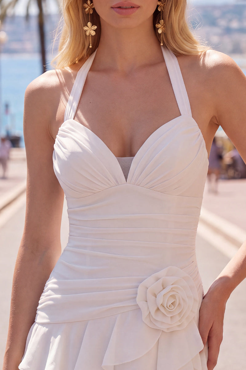 Laden Sie das Bild in den Galerie-Viewer, Blauer Neckholder Bodycon Gestuftes Gerafftes Kurzes Abendkleid mit 3D-Blume