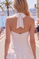 Laden Sie das Bild in den Galerie-Viewer, Blauer Neckholder Bodycon Gestuftes Gerafftes Kurzes Abendkleid mit 3D-Blume