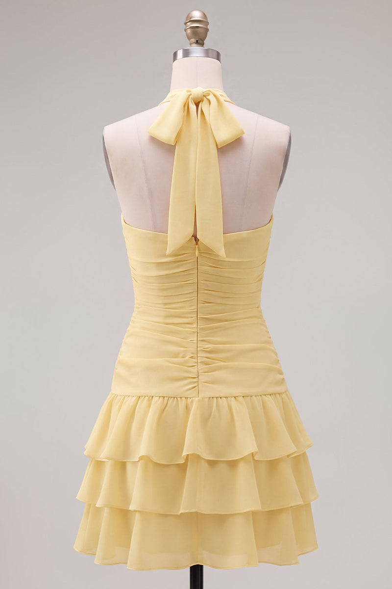 Laden Sie das Bild in den Galerie-Viewer, Blauer Neckholder Bodycon Gestuftes Gerafftes Kurzes Abendkleid mit 3D-Blume