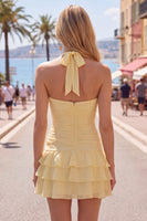 Laden Sie das Bild in den Galerie-Viewer, Blauer Neckholder Bodycon Gestuftes Gerafftes Kurzes Abendkleid mit 3D-Blume