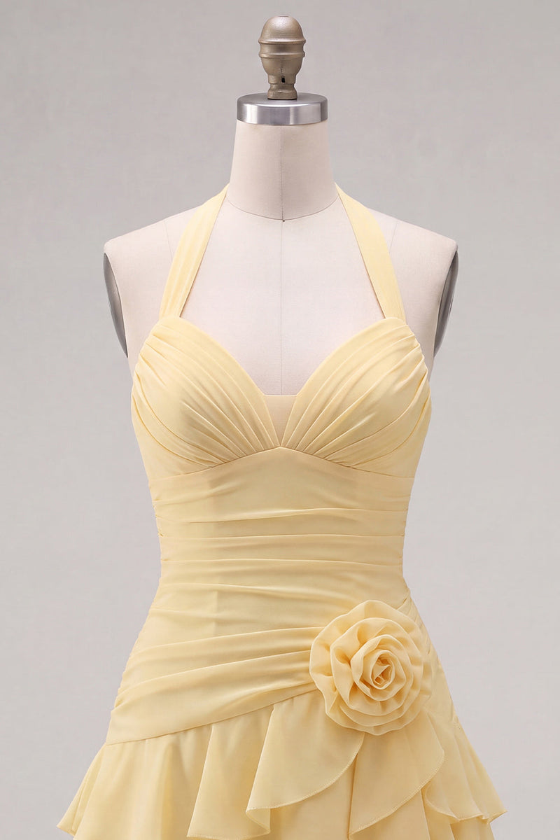 Laden Sie das Bild in den Galerie-Viewer, Blauer Neckholder Bodycon Gestuftes Gerafftes Kurzes Abendkleid mit 3D-Blume