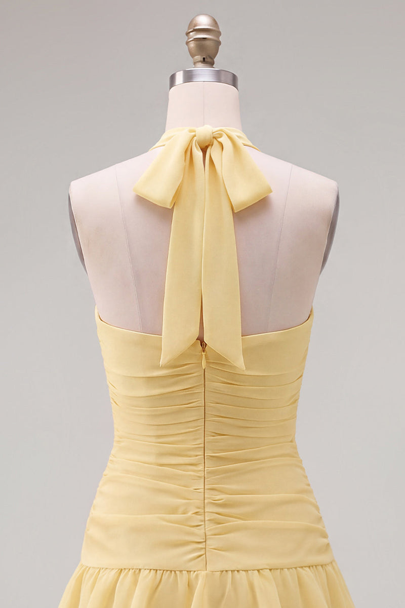 Laden Sie das Bild in den Galerie-Viewer, Blauer Neckholder Bodycon Gestuftes Gerafftes Kurzes Abendkleid mit 3D-Blume